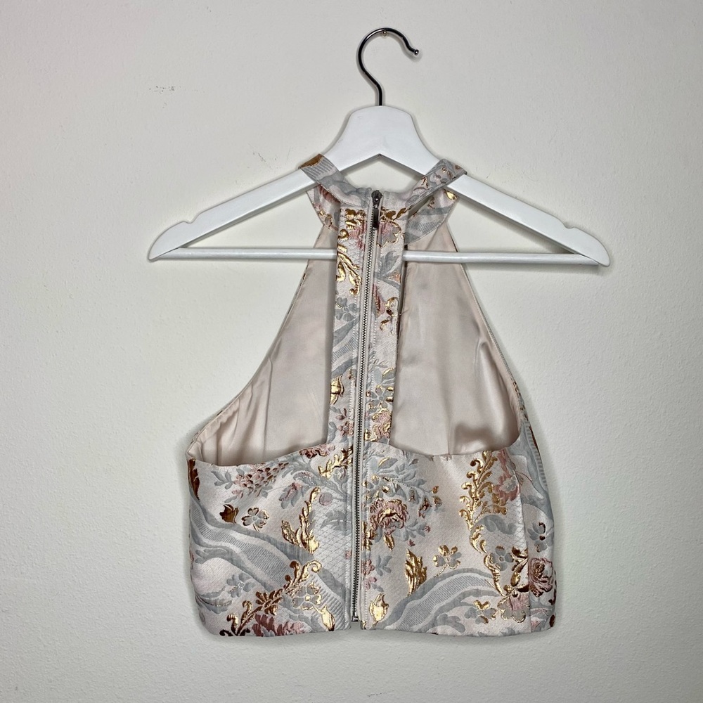 Express | Floral Jacquard Embroidered Halter Top | Silver - S - Picture 3 of 6